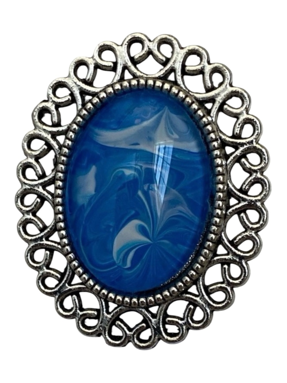 Hand Crafted Fluid Art Ring by Svetlana Yeung White Blue Oval Shaped Adjustable